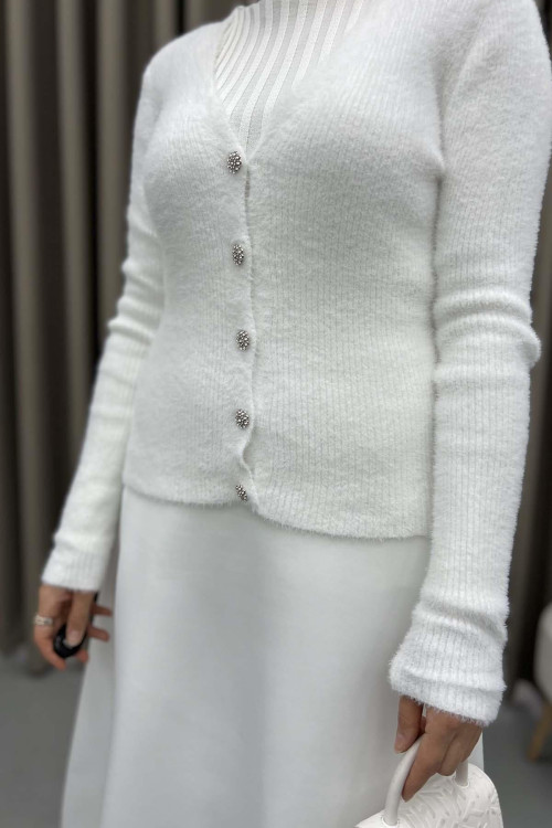 Stone Buttoned Bearded Cardigan White