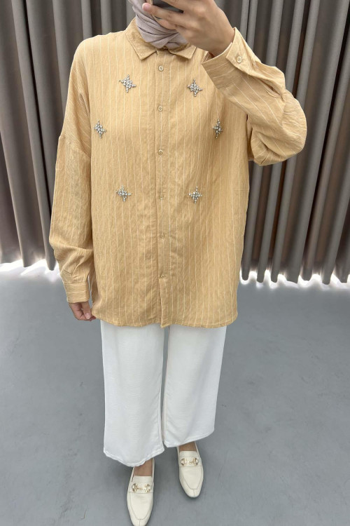 Stone Embroidered Striped Shirt Beige