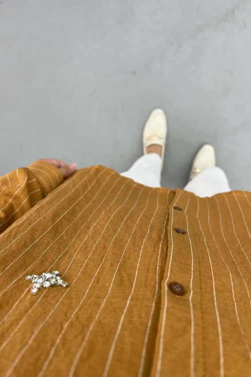 Stone Embroidered Striped Shirt Brown