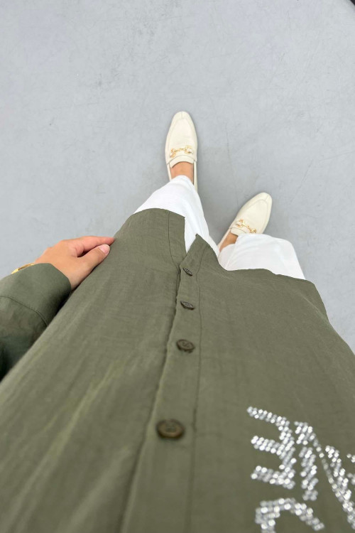 Stone Embroidered Long Shirt Khaki