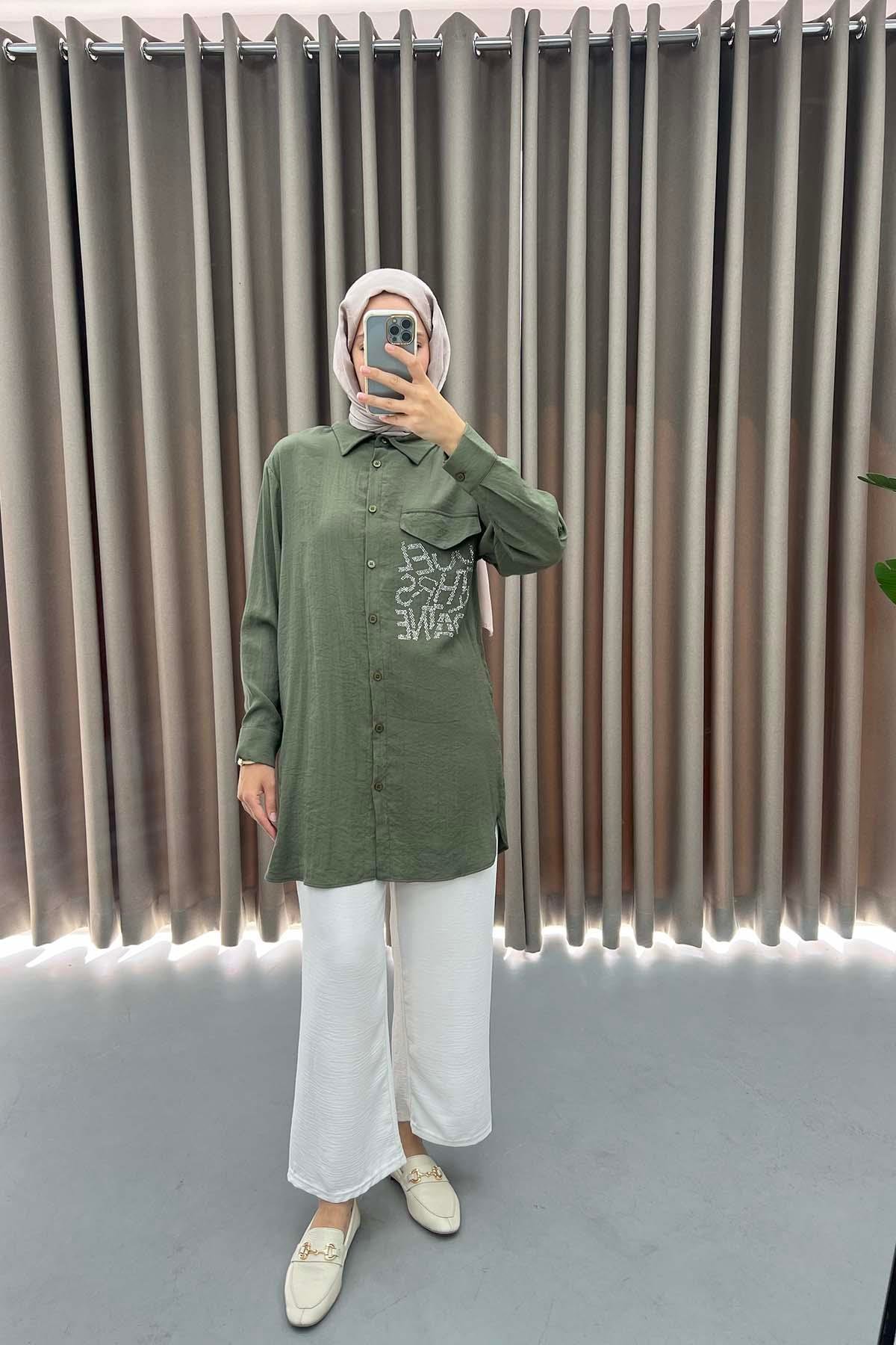 Stone Embroidered Long Shirt Khaki