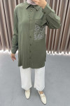 Stone Embroidered Long Shirt Khaki