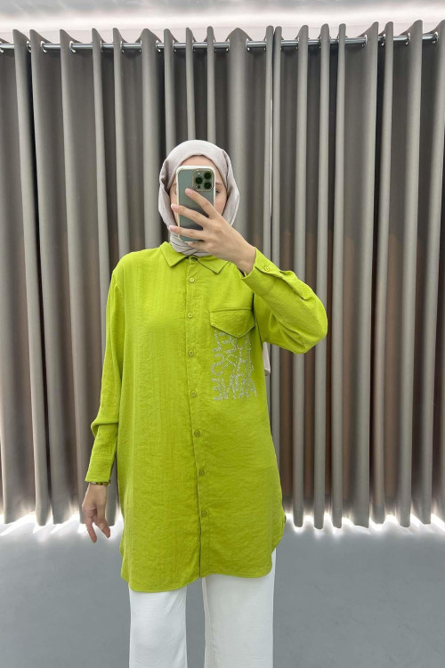 Stone Embroidered Long Shirt Oil Green