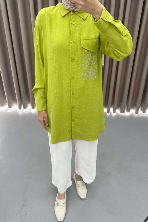 Stone Embroidered Long Shirt Oil Green