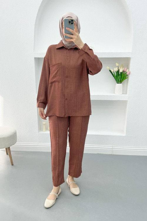 Single Pocket Trouser Suit Brown