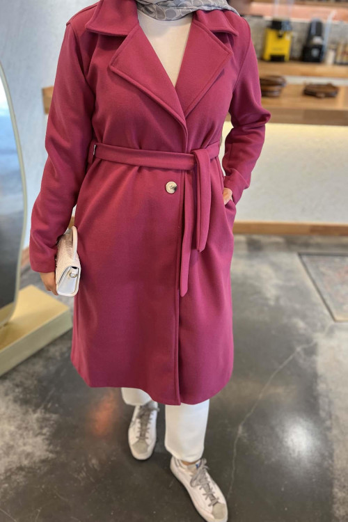 Single Button Belted Cashmere Coat Fuchsia