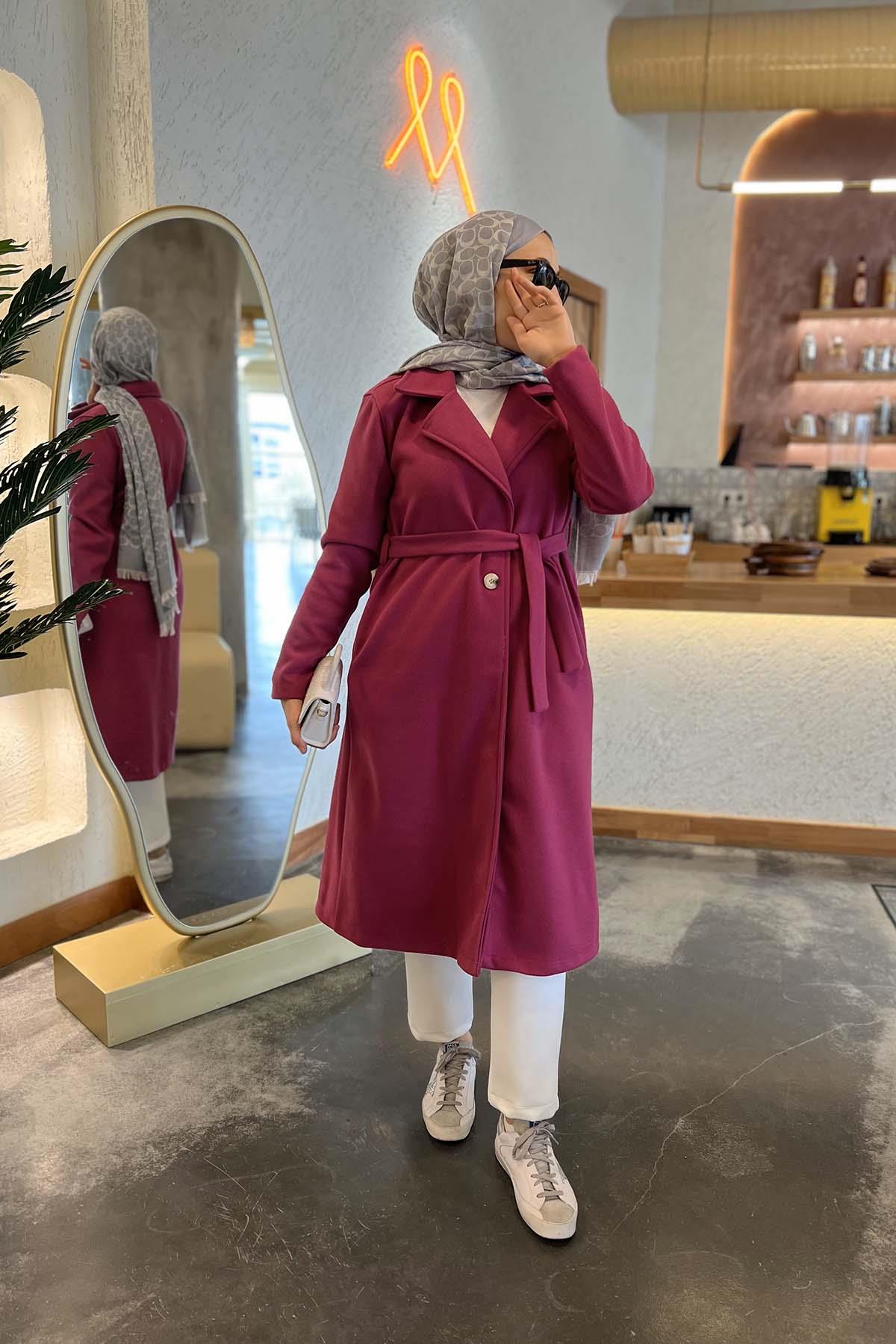 Single Button Belted Cashmere Coat Fuchsia