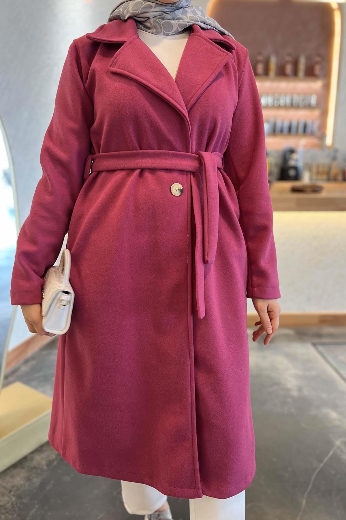 Single Button Belted Cashmere Coat Fuchsia