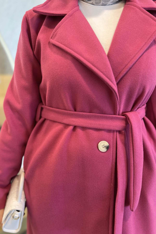 Single Button Belted Cashmere Coat Fuchsia