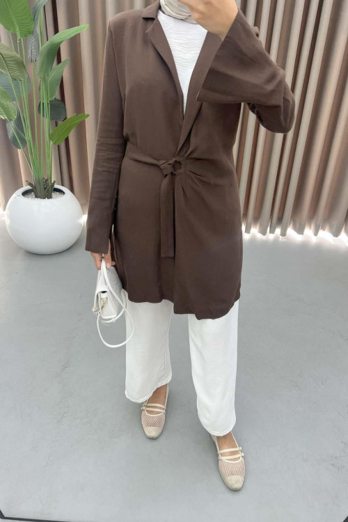 Linen Kimono with Buckle Detail, Bitter Brown