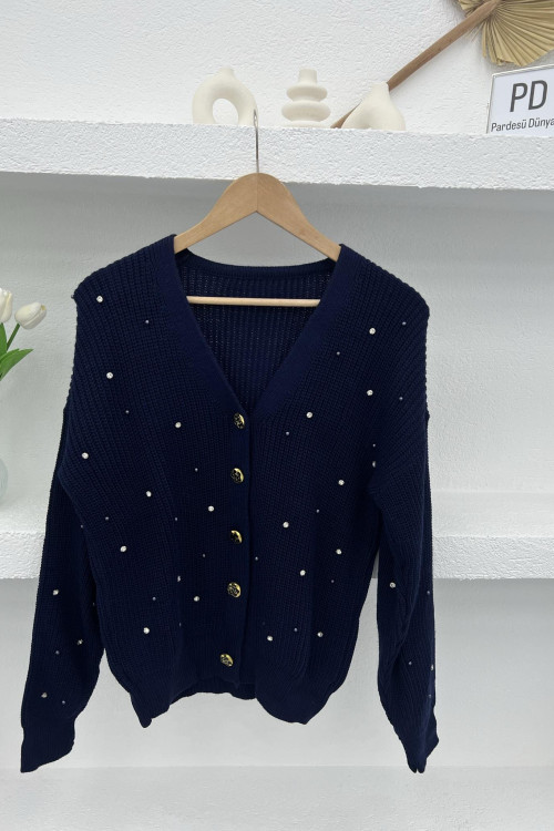 Knitwear Stoned Buttoned Cardigan Navy Blue