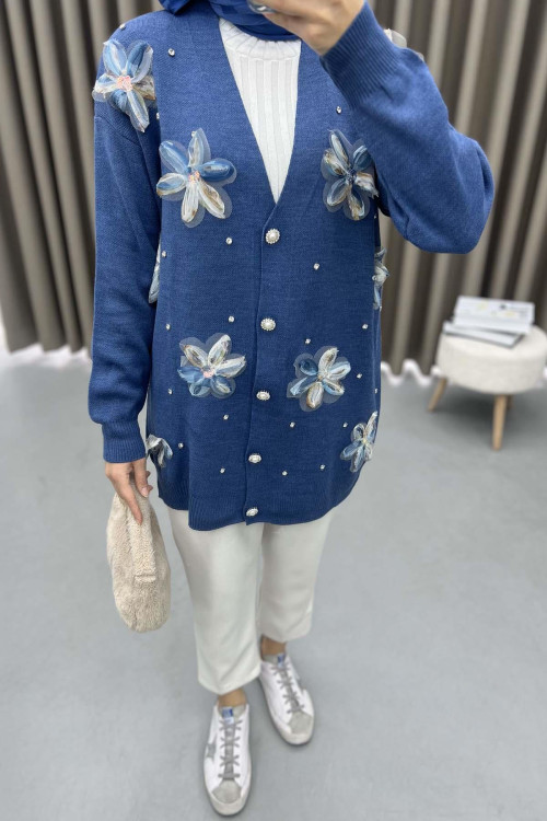 Tulle Flower and Stone Detailed Cardigan Indigo