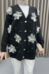 Tulle Flower and Stone Detailed Cardigan Black