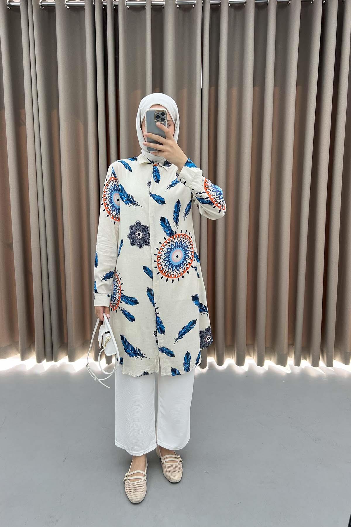 Feather Patterned Tunic Navy Blue