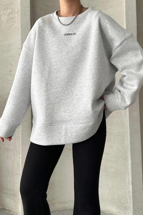 Three Thread Printed Oversize Sweatshirt Light Gray