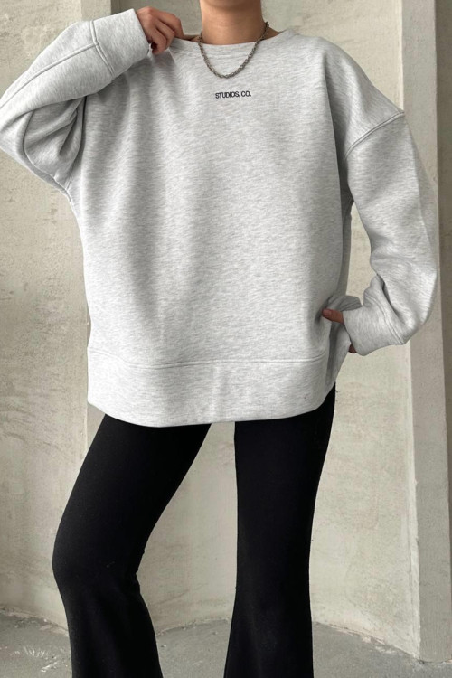 Three Thread Printed Oversize Sweatshirt Light Gray