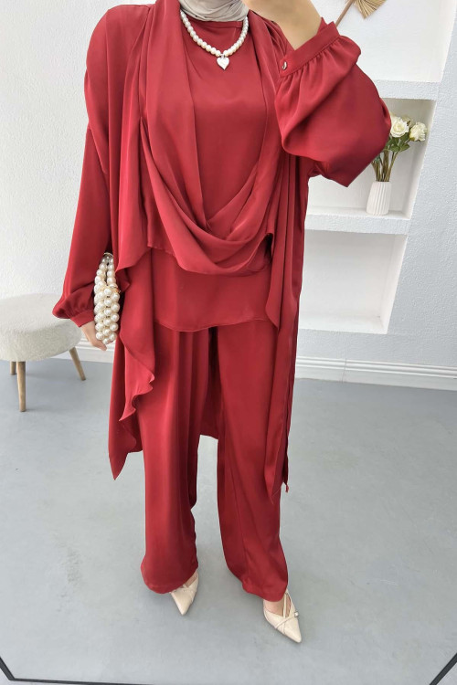 Three Piece Satin Suit Claret Red