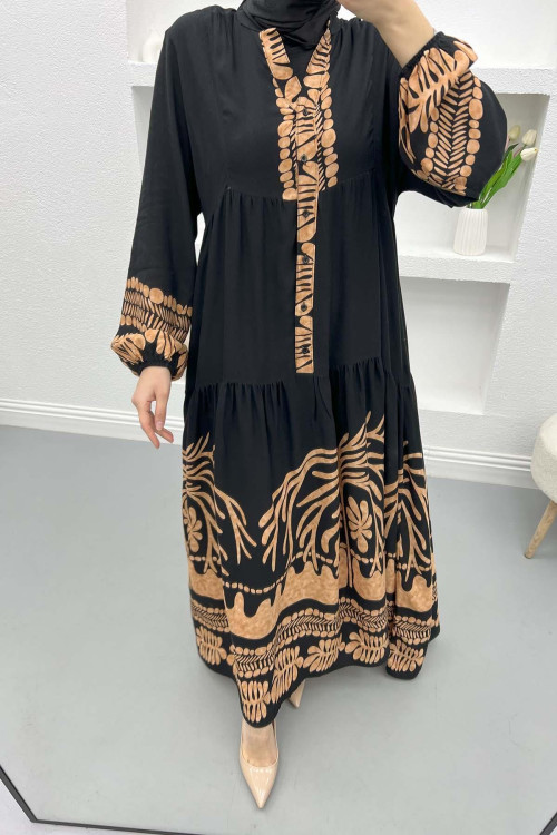 V Neck Patterned Dress Brown