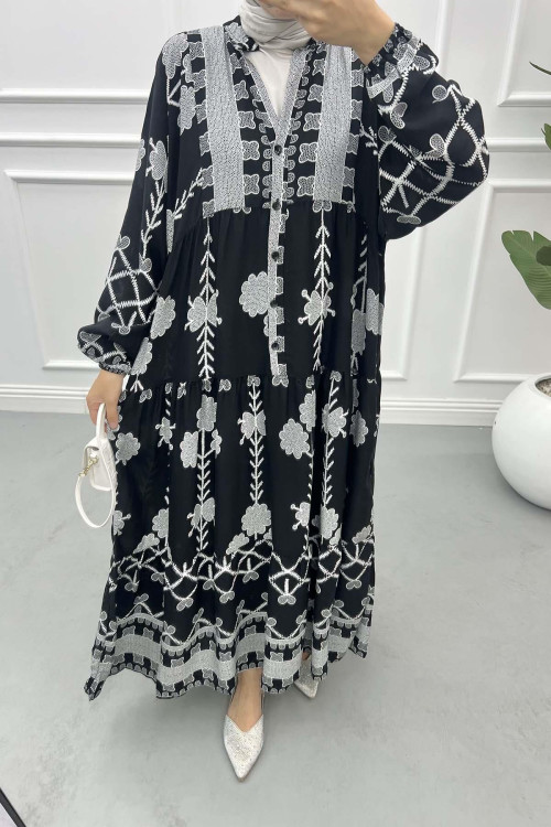 V Neck Patterned Dress Black