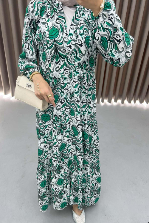 V Neck Patterned Dress Green