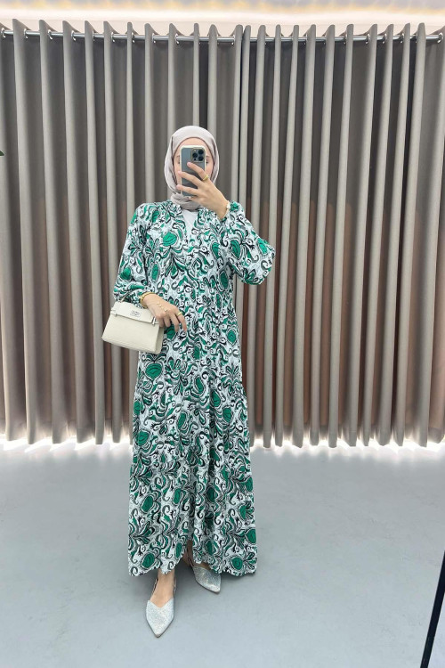 V Neck Patterned Dress Green