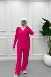 V Neck Trouser Suit Fuchsia