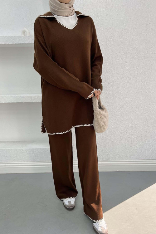 V-Neck Knitwear Suit Bitter Brown