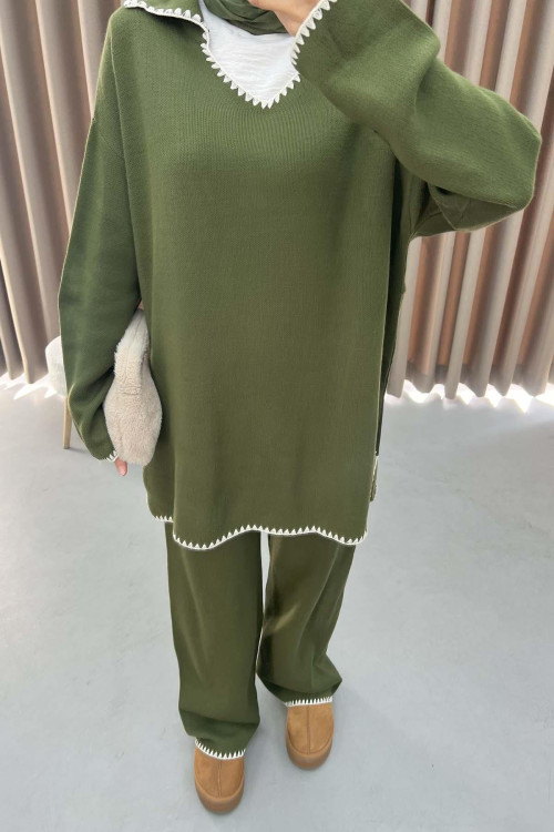 V-Neck Knitwear Suit Khaki