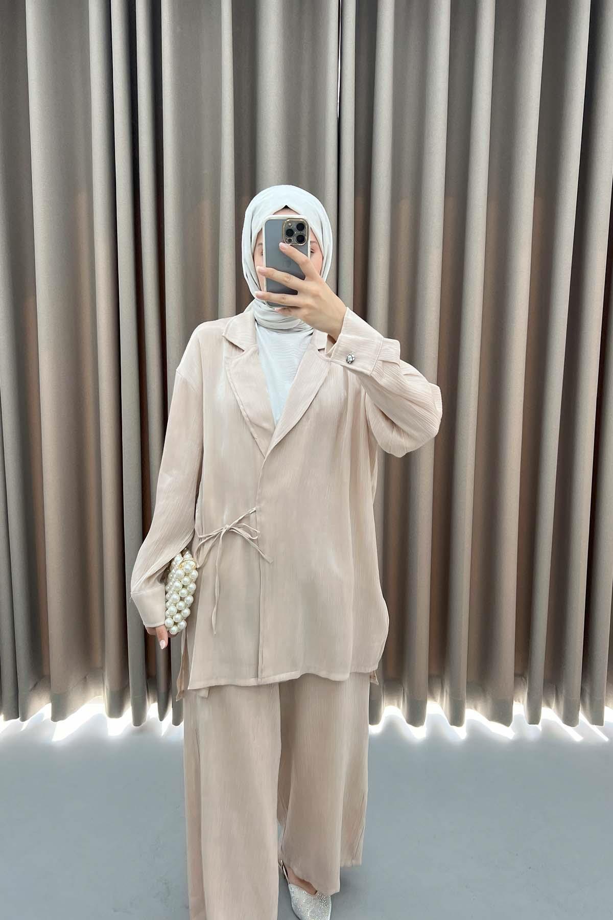 Viral Shiny Kimono Set Beige