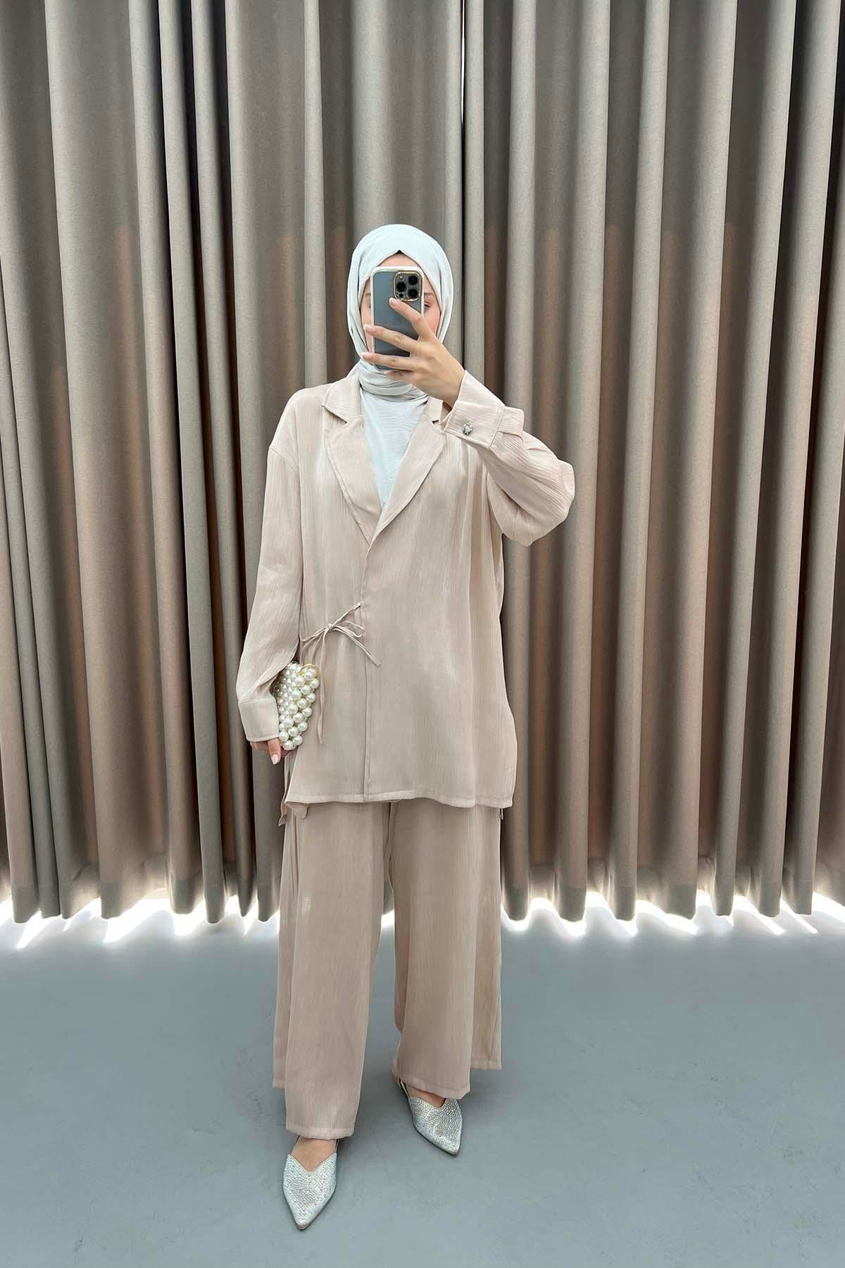 Viral Shiny Kimono Set Beige