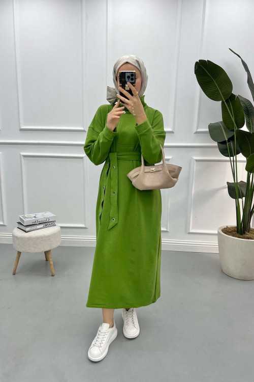 Snap Collar Belted Dress Green