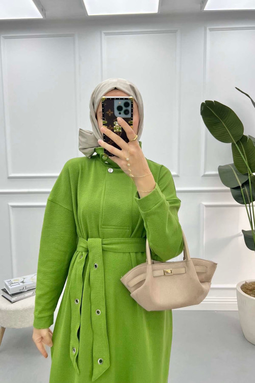 Snap Collar Belted Dress Green