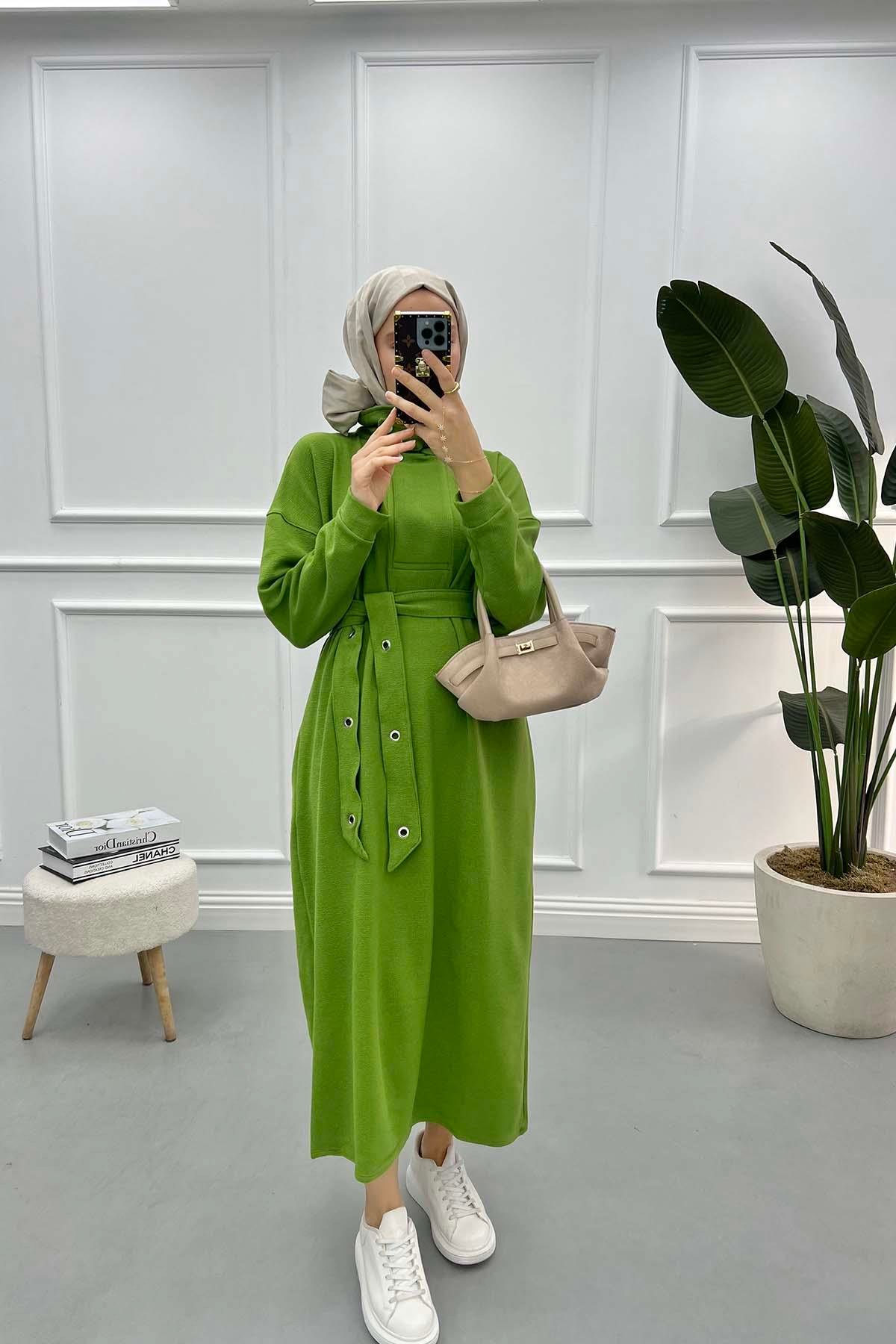 Snap Collar Belted Dress Green