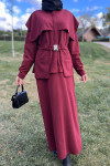 Collar Detailed Belted Skirt Suit Claret Red