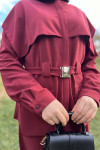 Collar Detailed Belted Skirt Suit Claret Red