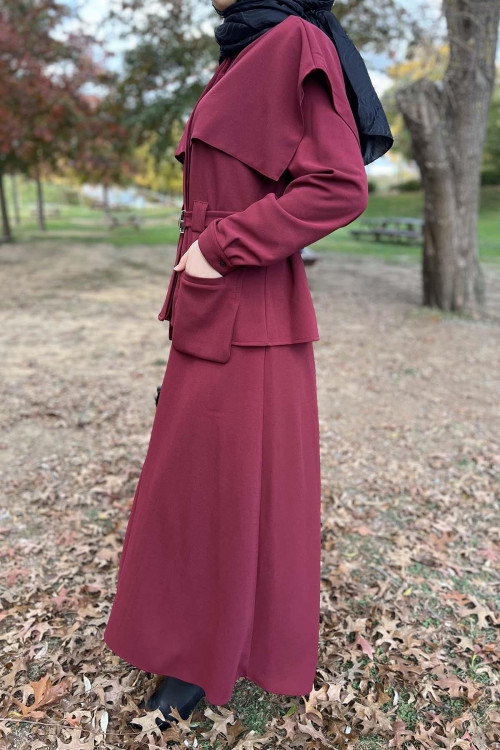 Collar Detailed Belted Skirt Suit Claret Red