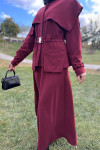 Collar Detailed Belted Skirt Suit Claret Red