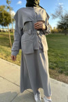 Collar Detailed Belted Skirt Set Gray