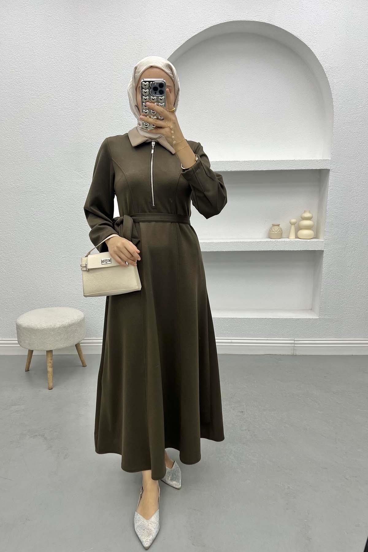 Oysho Dress with Collar Detail Bitter Brown