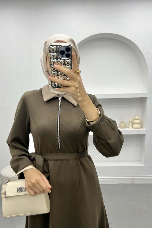 Oysho Dress with Collar Detail Bitter Brown