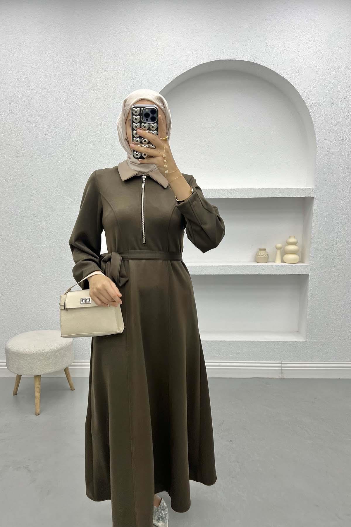 Oysho Dress with Collar Detail Bitter Brown