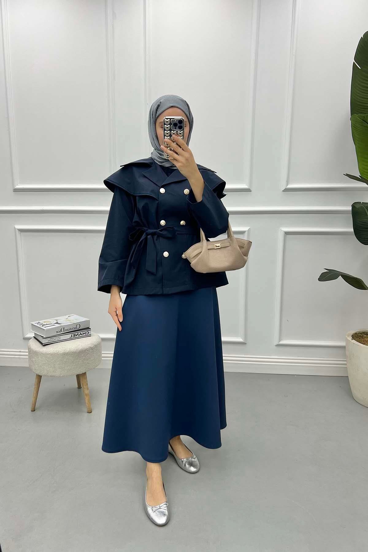 Collar Detailed Trench Coat Navy Blue