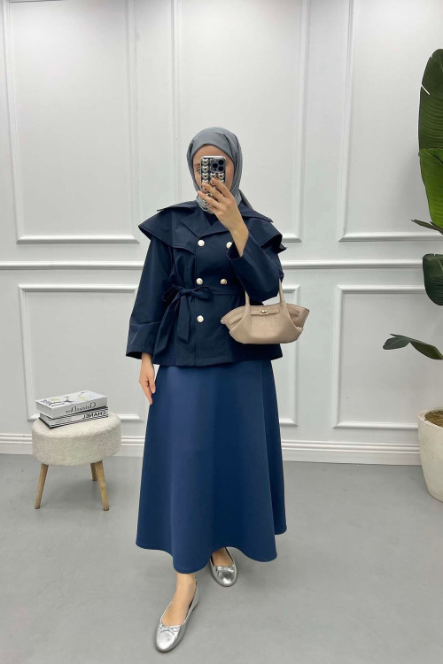 Collar Detailed Trench Coat Navy Blue