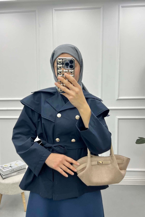 Collar Detailed Trench Coat Navy Blue