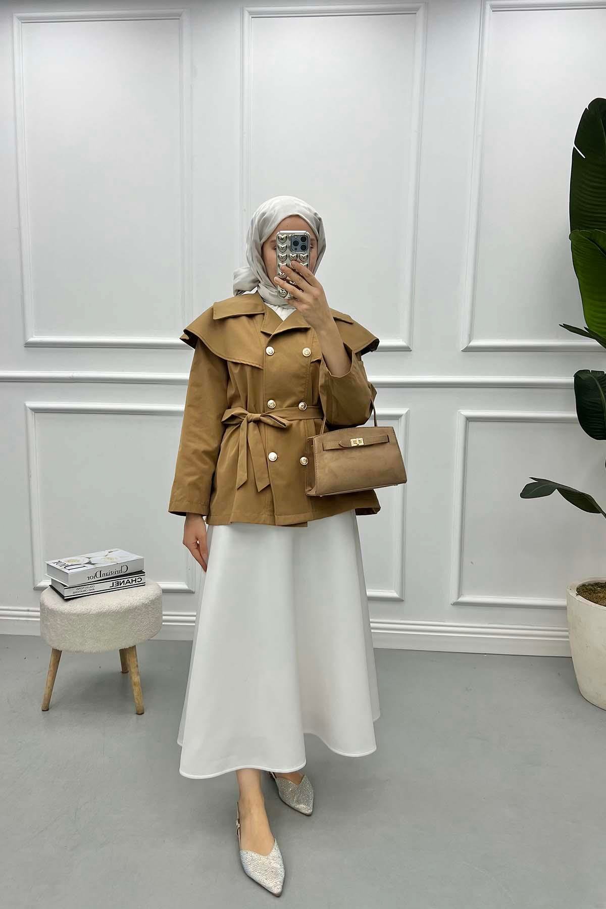 Collar Detailed Trench Coat Milky Coffee