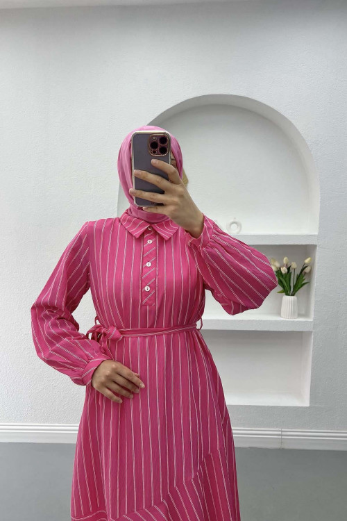 Button-down Striped Dress Pink