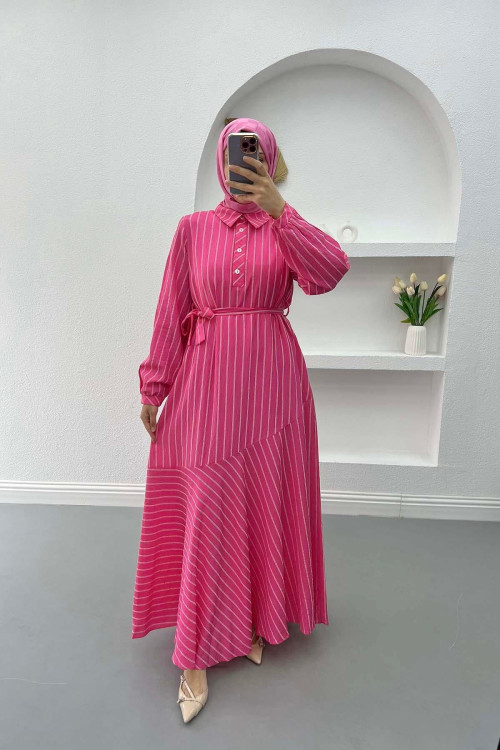 Button-down Striped Dress Pink