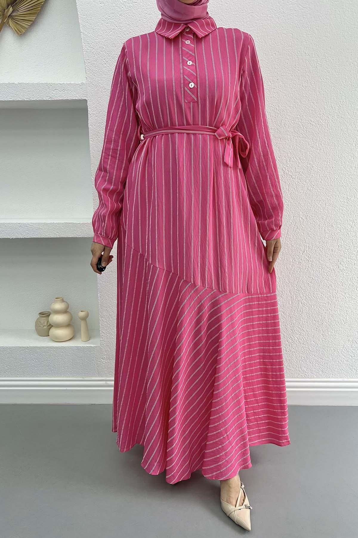 Button-down Striped Dress Pink