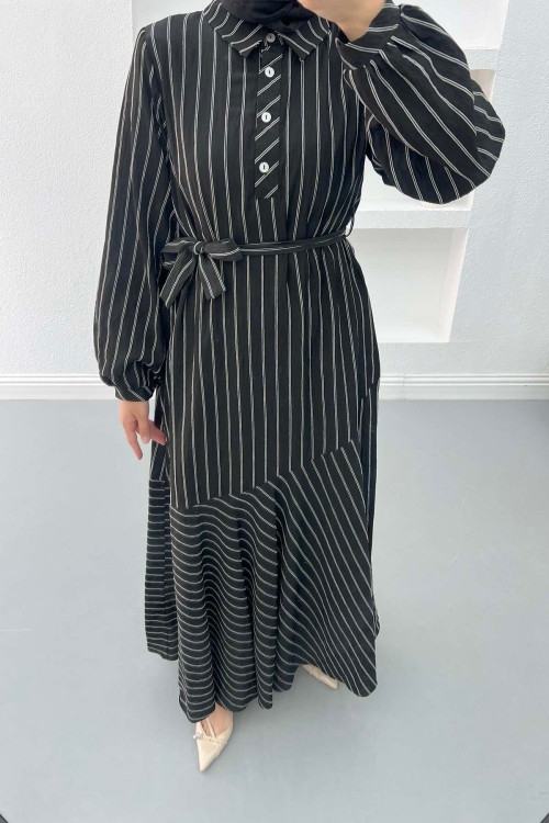 Button-down Striped Dress Black