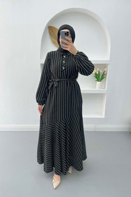 Button-down Striped Dress Black